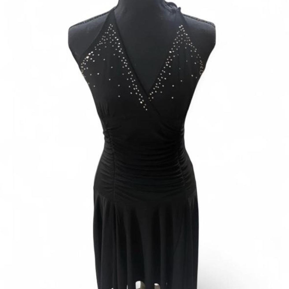 Taboo Vintage Y2K Black Halter Dress Rhinestone Handkerchief Hem Medium 0467